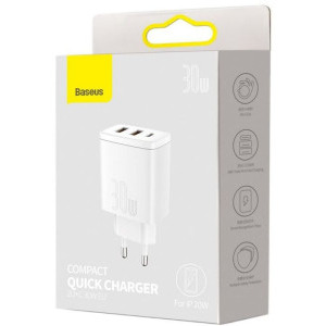 Baseus CCXJ-E02, 2x USB, 1x USB-C, Quick Charge 30W, White
