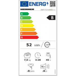 Heinner HWM-VT2714INVB+++, 7 kg, 1400 RPM, Clasa B, Inverter, 60 cm, Alb