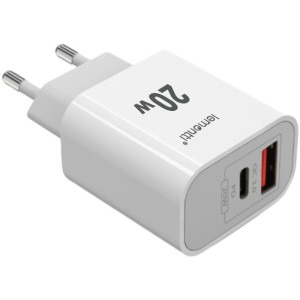 Lemontti 1x USB-C, 1x USB QC Charge 3.0, Whitehb  + USB-C Male la USB-C Male, 20W, 1m, White