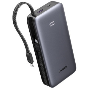 Ugreen PB528, 20000 mAh, 1x USB, 1x USB-C, 30 W, Display, 2x Cabluri USB-C integrate, Grey