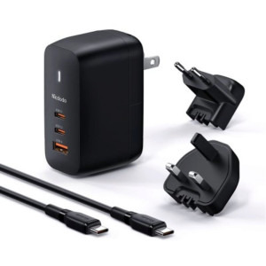 Mcdodo Mecha Series GaN, 1x USB, 2x USB-C, 65W, Black + Cablu USB-C la USB-C, 60W, 2m, Black