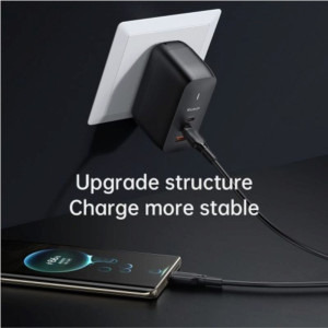 Mcdodo Mecha Series GaN, 1x USB, 2x USB-C, 65W, Black + Cablu USB-C la USB-C, 60W, 2m, Black