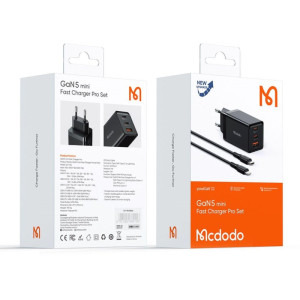 Mcdodo Mini Pro Fast Charger, 1x USB, 2x USB-C, 67W, Black + Cablu USB-C la Lightning, 1.2m, Black