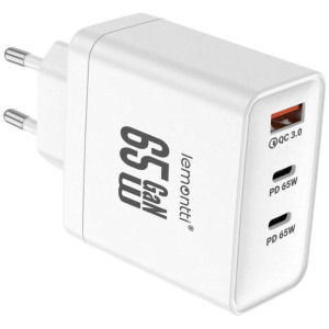 Lemontti 1x USB, 2x USB-C, Fast Charge 65W, GaN, White