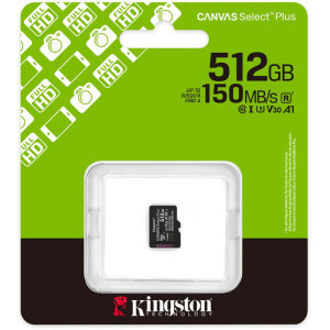 Kingston Micro SDXC Canvas Select Plus Gen3, 512GB, Clasa 10, UHS-I, V30, A1