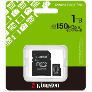 Kingston Micro SDXC Canvas Select Plus Gen3, 1TB, Clasa 10, UHS-I, V30, A1 + Adaptor SD