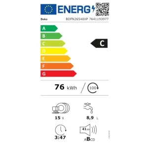 Beko BDFN26540XP, 15 seturi, 6 programe, Clasa C, ProSmart Inverter, PowerIntense, SelfDry, 60 cm, Inox