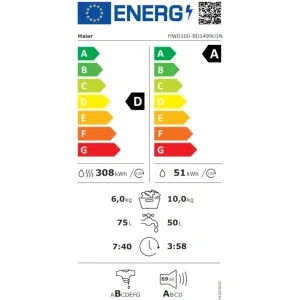 Haier HWD100-BD1499UN/S, Slim, Spalare 10 kg, Uscare 6 kg, 1400 RPM, Clasa A, Direct Motion, I-Refresh, Smart Dosing, hOn, Alb