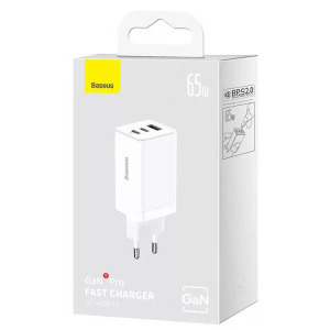 Baseus GaN5 Pro, 2x USB-C, 1x USB, Quick Charge 65W, White