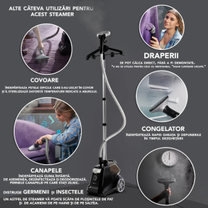 Suporto Aparat de calcat cu abur Steamer R3, 2200W, 45g/min, Negru