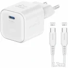 Incarcator retea Swissten 1x USB-C, Quick Charge 20 W, GaN, White + Cablu USB-C