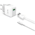 Incarcator retea Celly 1x USB, Quick Charge 12 W, White + Cablu USB-C