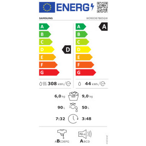 Samsung WD90DB7B85GWU4, Bespoke AI, Spalare 9 kg, Uscare 6 kg, 1400 RPM, Clasa D, Digital Inverter, SpaceMax, AI EcoBubble, AI Wash, AI Energy, QuickDrive, Hygiene Steam, Air Wash, Dozare automata detergent, Alb