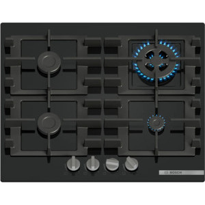 Plita incorporabila Bosch PNH6B6K40, Gaz, 4 zone de gatit, Aprindere electrica integrata, Sistem de siguranta, Gratar fonta, Wok, 60 cm, Negru