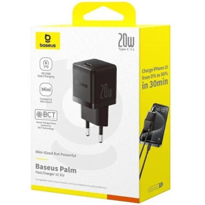 Baseus Palm, Quick Charge 20W, 1x USB-C, Black + cablu USB Type-C la USB Type-C 1m