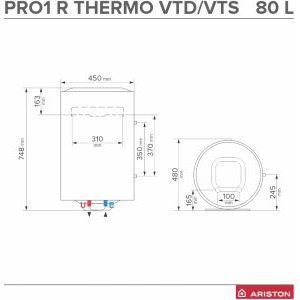 Ariston termoelectric Pro 1 R VTD, 80 L, 1800 W, Serpentina pe partea dreapta