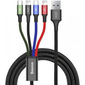 Cablu de date / adaptor Baseus 4-in-1 CA1T4-A01, USB Male la microUSB, USB-C, 2x Lightning Male, 1.2, Black, amperaj maxim suportat 3.5A