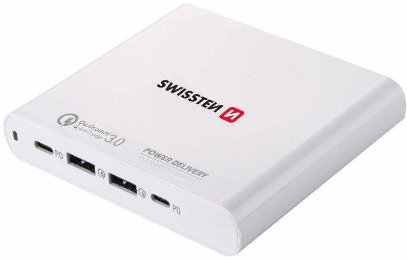 Incarcator retea GSM Swissten 2x USB-C PD 3.0, 2x USB cu tehnologia Quick Charge 3.0, 87W, White