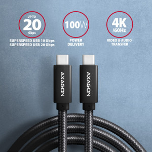 AXAGON USB-C 3.2 Gen 2 Male la USB-C 3.2 Gen 2 Male, 1 m, PD 100W, 5A, Negru