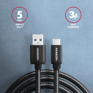 AXAGON USB-C 3.2 Gen 2 Male la USB-A 3.2 Gen 1 Male, 2 m, 3A, Negru