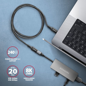 AXAGON USB-C 3.2 Gen 2 Male la USB-C 3.2 Gen 2 Female, 1 m, PD 240W, 5A, Negru
