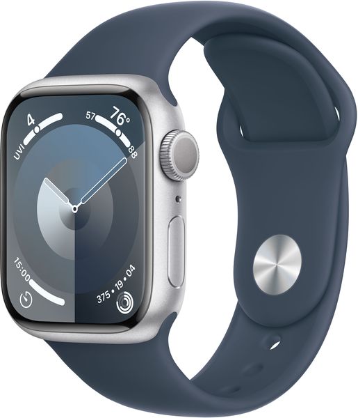 SmartWatch Apple Watch S9, 41mm Carcasa Aluminium Silver, Storm Blue Sport Band - M/L