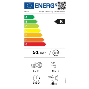 Beko BDFS26050XQ, Slim, 10 seturi, 6 programe, Clasa B, ProSmart Inverter, AquaIntense, SelfDry, WaterSafe, 45 cm, Inox