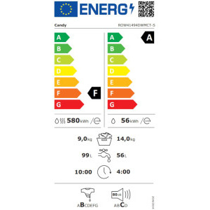 Candy ROW41494DWMCT-S, 14 kg spalare, 9 kg uscare, 1400 RPM, Clasa A, Quick & Clean, Inverter, Steam, Alb