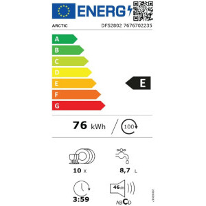 Arctic DFS2802, Slim, 10 seturi, 8 programe, AquaPower, Silent Inverter, Clasa E, 60 cm, Alb