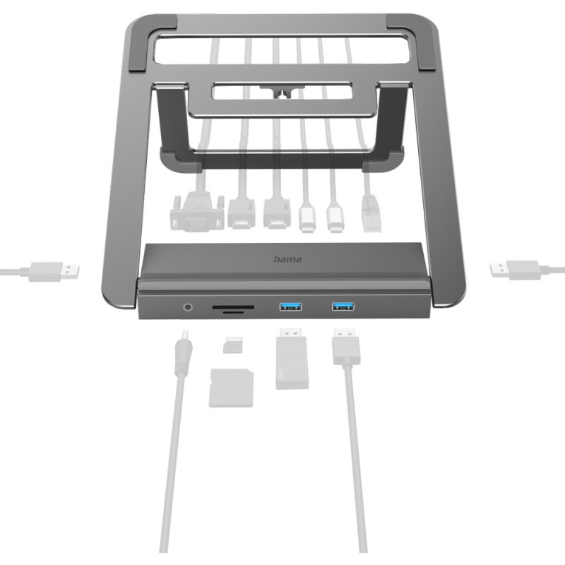 Hama USB C Hub Docking Station mit Notebook Ständer 12 Ports (2X HDMI, 4X USB A, 1x USB-C, 1x VGA, 1x LAN/Ethernet, 2X Kartenleser, 1x Aux, Adapter USBC Hub 12in1 Laptop Stand für Büro, Home Office