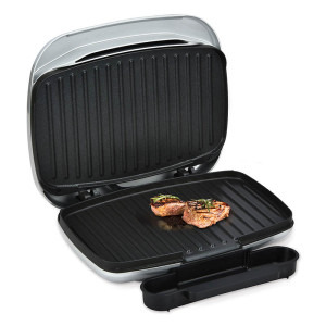 Heinner Gratar electric AriaGrill HEG-F1000SL, 1000W; placi fixe turnate 27 x 23 cm, invelis antiaderent, maner rece, Indicator luminos, tava pentru colectare ulei, Argintiu