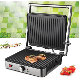 Heinner Gratar electric, SunsetGrill HEG-K2000SS, 2000W, Placi fixe cu invelis antiaderent, Dimensiuni placi: 30 x 24.9 cm, Temperatura reglabila, Maner rece, Deschidere 180˚, Indicatoare luminoase „ON” și „gata de folosire”, Tava colectare ulei, Argintiu-Negru