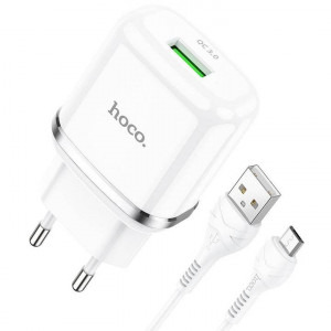 Hoco N3 Vigour, 1x USB, alb, QuickCharge 3.0, 18W + Cablu microUSB, 1m