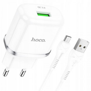 Incarcator retea Hoco N3 Vigour, 1x USB, alb, QuickCharge 3.0, 18W + Cablu microUSB, 1m