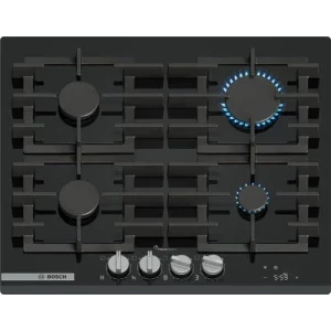 Plita incorporabila Bosch PRP6A6H40, Gaz, 4 zone de gatit, FlameSelect, Aprindere electrica integrata, Sistem de siguranta, Gratar fonta, Home Connect, 60 cm, Negru