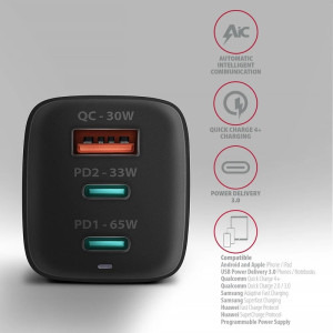 AXAGON ACU-DPQ65, 2x USB-C, 1x USB, PD/QC 65W, GaN, Black