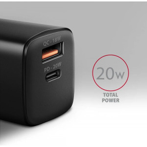 AXAGON ACU-PQ20, 1x USB-C, 1x USB, PD3.0/QC4+, 20W, Black