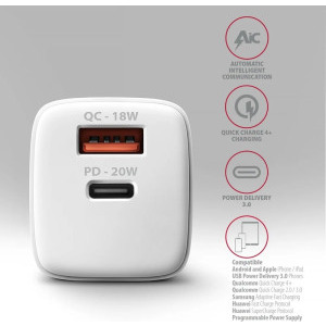 AXAGON ACU-PQ20W, 1x USB-C, 1x USB, PD3.0/QC4+, 20W, White