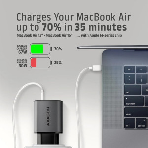 AXAGON ACU-PQ67, 1x USB-C, 1x USB, PD/QC 67W, GaN, Grey
