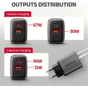 AXAGON ACU-PQ67D, 1x USB-C, 1x USB, PD/QC 67W, GaN, Display, Grey