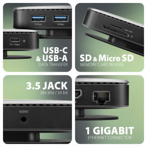 AXAGON Docking Station HMC-UFO, USB-C 10Gbps, 9-in-1, 100W Power Delivery, 4K HDMI, NVMe/SATA M.2, Gigabit LAN, SD/microSD, Jack 3.5mm