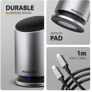 AXAGON HMC-WL9 Docking Station USB-C 10Gbps, 9-in-1, Wireless Charging 15W, 100W Power Delivery, 1x HDMI 4K, 1x DisplayPort 4K, Gigabit LAN