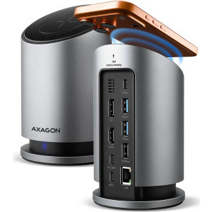 AXAGON HMC-WL9 Docking Station USB-C 10Gbps, 9-in-1, Wireless Charging 15W, 100W Power Delivery, 1x HDMI 4K, 1x DisplayPort 4K, Gigabit LAN