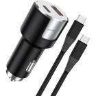 Incarcator auto Lemontti 1x PD Type-C 20W, 1x USB-A QC 3.0 18W, + cablu USB-C la USB-C 20W, Black/Grey