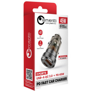 Lemontti 1x USB-C Fast Charging PD, 1x USB-A QC 3.0, 45W, Transparent/Black