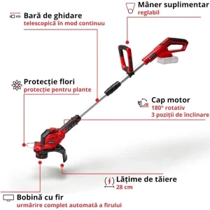 Einhell Trimmer de tuns iarba cu acumulator Power-X-Change GE-CT 18/28 Li- SOLO, 18 V, diametru taiere 28 cm, diametru fir 1.6 mm, maner telescopic, fara acumulator inclus