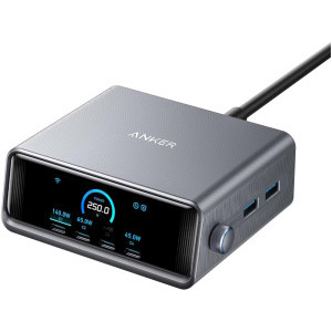 Incarcator retea Anker Prime A2345, 4x USB-C, 2x USB, Quick Charge 250 W, GaN, Display, Grey