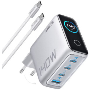Incarcator retea Anker Zolo B2697, 3x USB-C, 1x USB, Quick Charge 140 W, GaN, Display, Silver + Cablu USB-C inclus