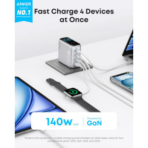 Anker Zolo B2697GZ1, 3x USB-C, 1x USB, Quick Charge 140 W, GaN, Display, Grey + Cablu USB-C inclus