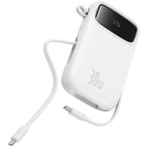 Baterie externa Baseus Qpow2, 10000 mAh, 1x USB, 2x USB-C, 30 W, Display, Cablu USB-C integrat, White